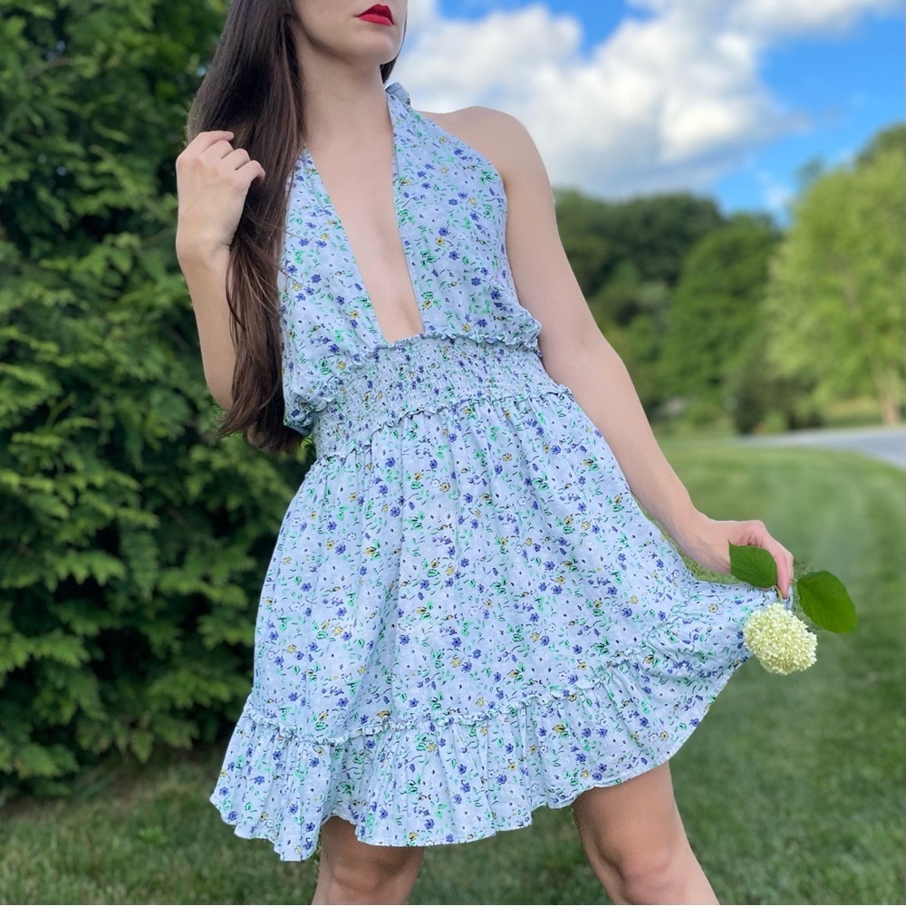 Aerie Smocked Halter Open Back Floral Cotton Summer Sun Mini Dress Large